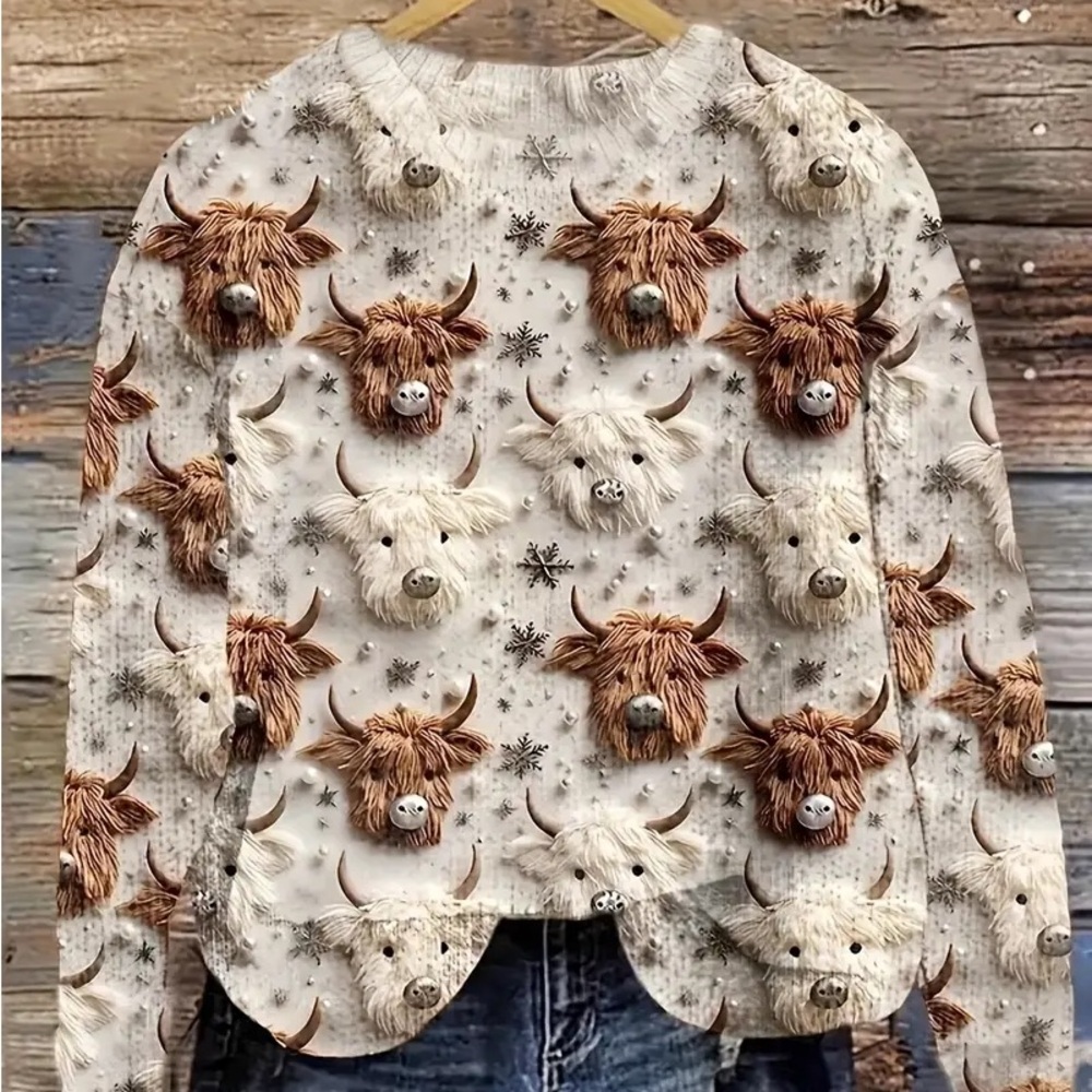 Highland Cow Sweater Women’s XXL Brown Cream Scottish Cow Pullover crewneck